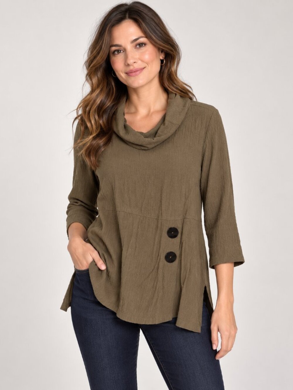 Ali Miles Women’s XL Olive Green Cowl Neck Textured Tunic Top 3/4 Sleeve Button